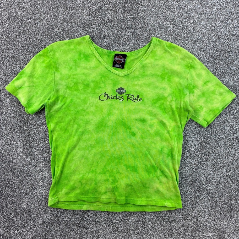 Vintage Harley Davidson Baby Tee Women's XL Tie Dye Green Chicks Rule Biker